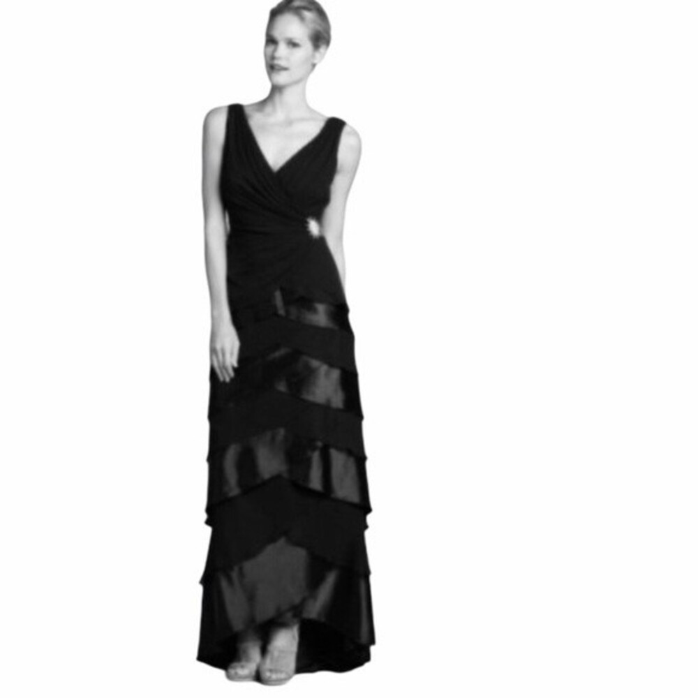Tadashi Shoji Silk Tiered V Neck Black Gown 14
